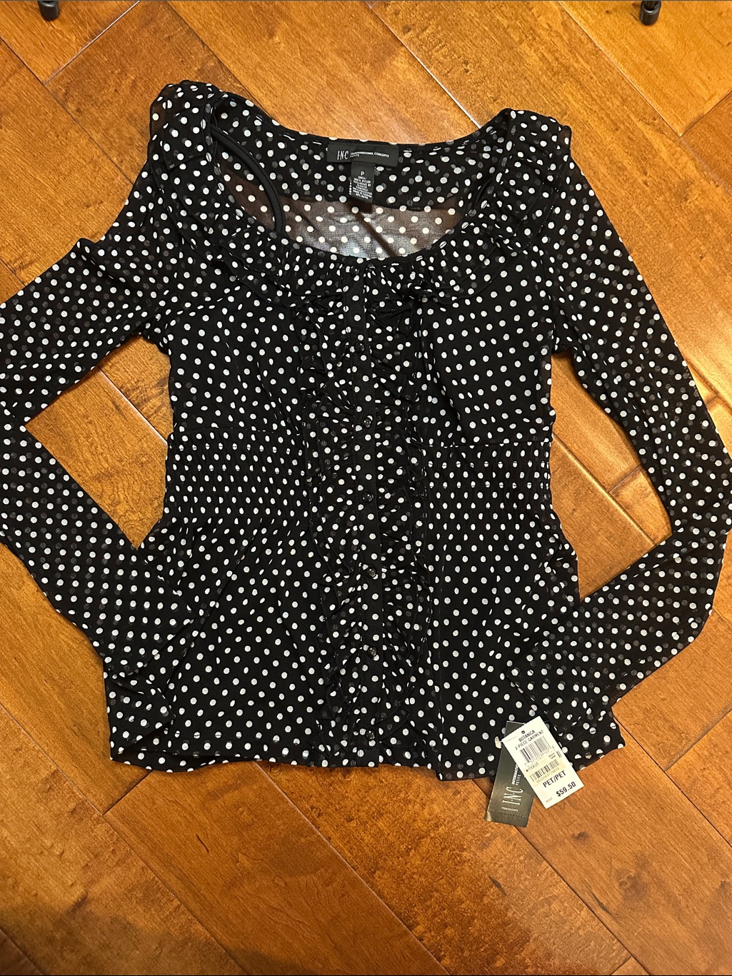Inc Black And White Polka Dot Ruffle-Front Long Sleeve Top